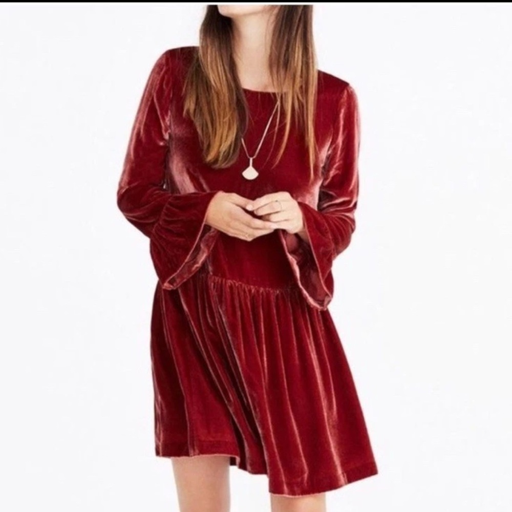 Madewell Women’s Size Small Velvet Bell-Sleeve Dress Sangria Red Silk Blend